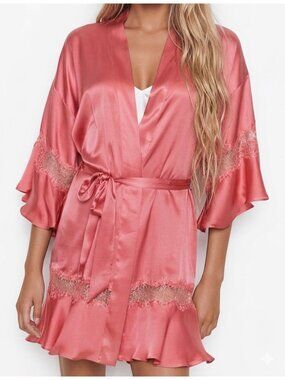 Victorias Secret Pink Satin Lace Robe Sz M Ruffle Coquette Sexy Romantic